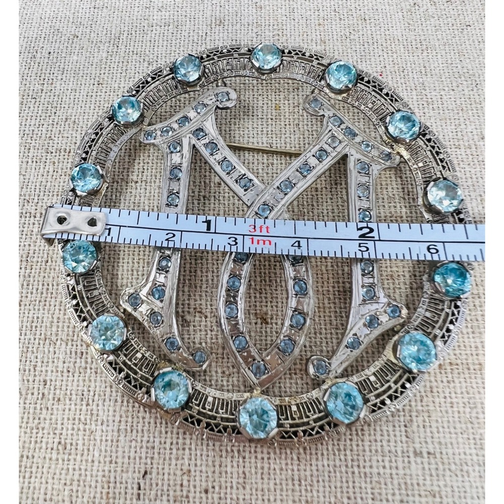 Art Deco 14k White Gold Frame Blue Stone Filigree Design Monogram "M" Brooch - Picture 12 of 13